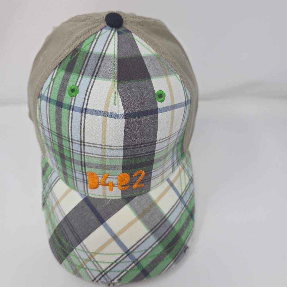HYP Plaid Baseball Cap 56cm Embroidered Distressed Cotton Blend Khaki Green NEW